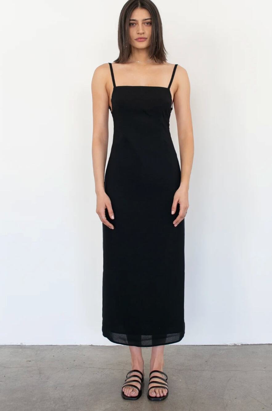 Trois the Label Demi Dress Black Size 0 XS 100% Rayon Open Back Midi Slip 90s